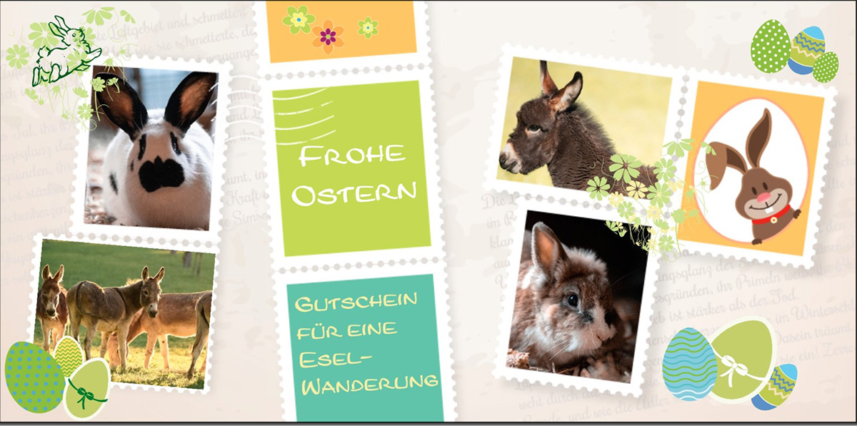 Gutschein für eine Esel-Wanderung Motiv 5 "Frohe Ostern" | © Schwillehof Gutschein für eine Esel-Wanderung Motiv 5 "Frohe Ostern"